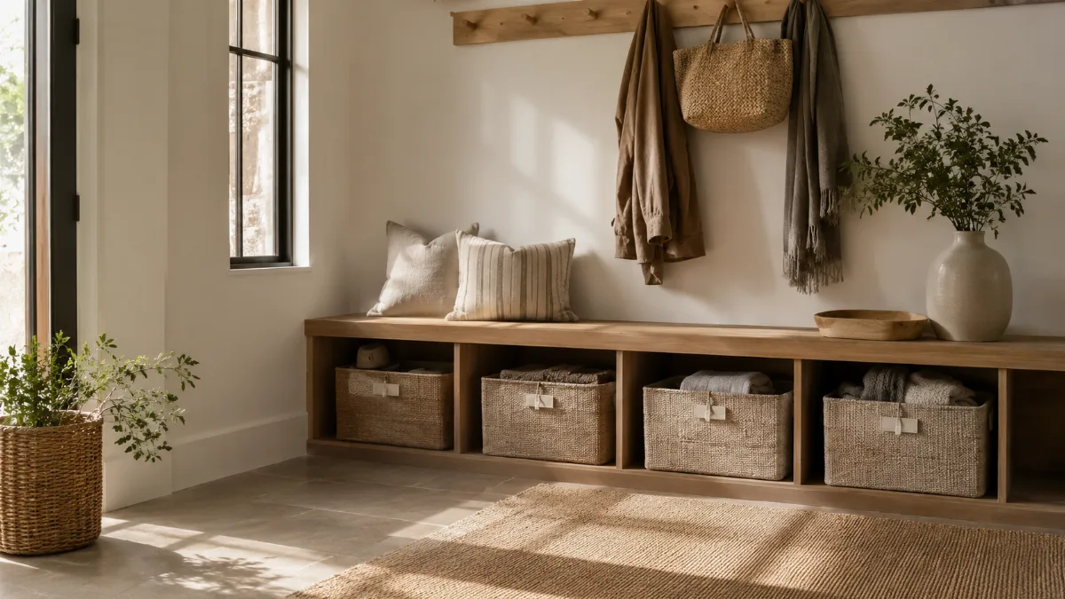 Neatly arranged storage nook with labeled baskets