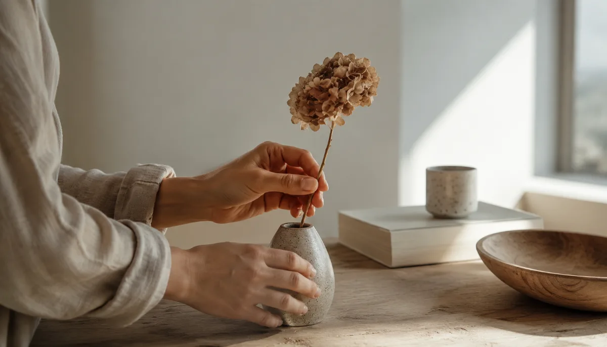 Calm minimalist interior with natural light and a few simple objects