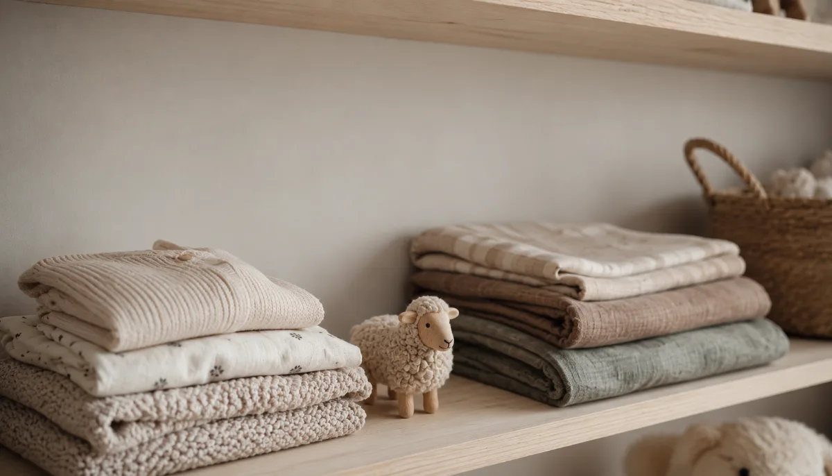Simple nursery shelf with folded blankets and a small toy