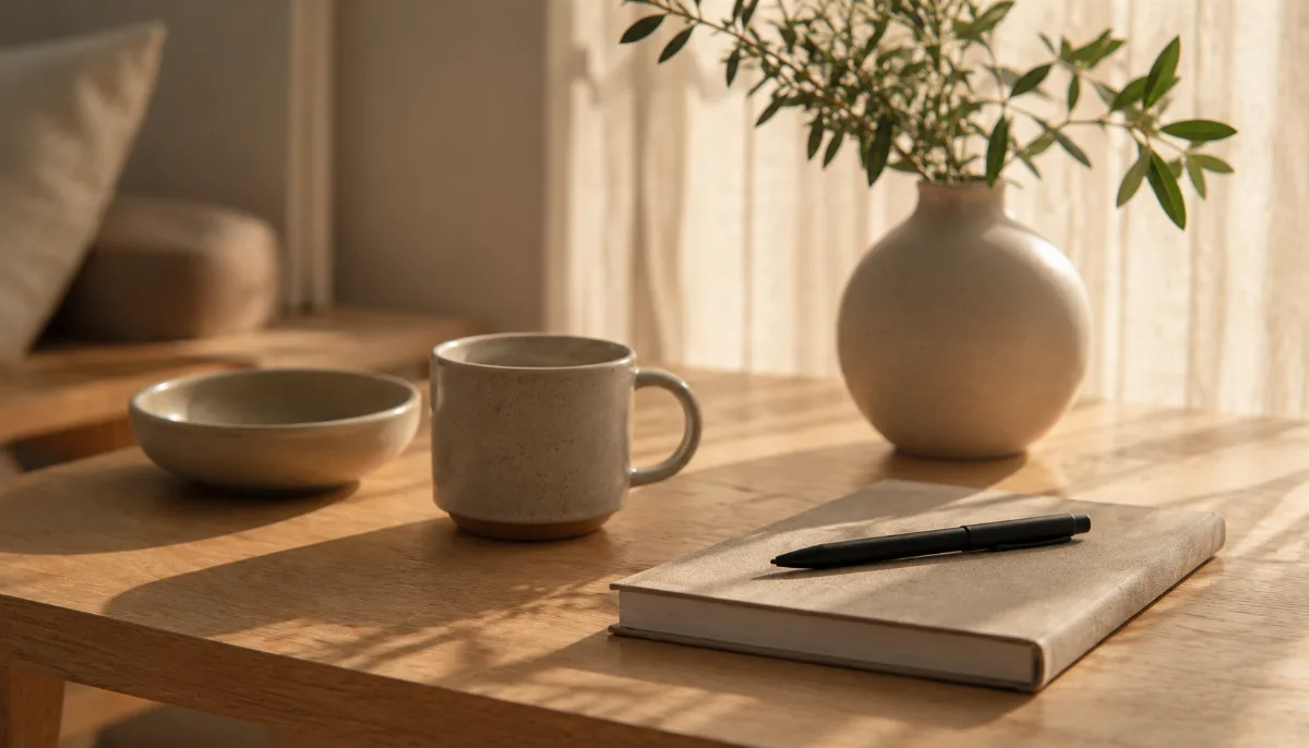 Serene styled vignette with neutral tones and soft daylight