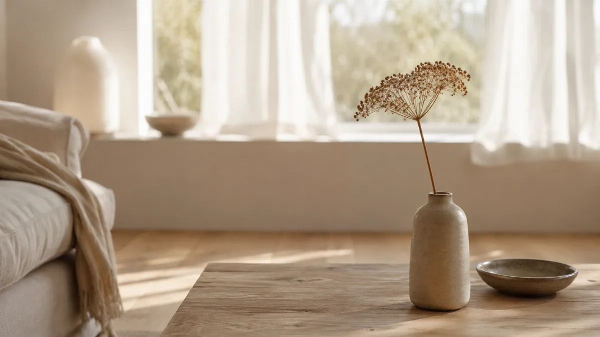 Calm minimalist interior with natural light and a few simple objects