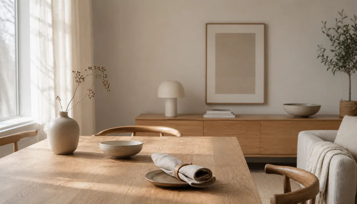 Calm minimalist interior with natural light and a few simple objects