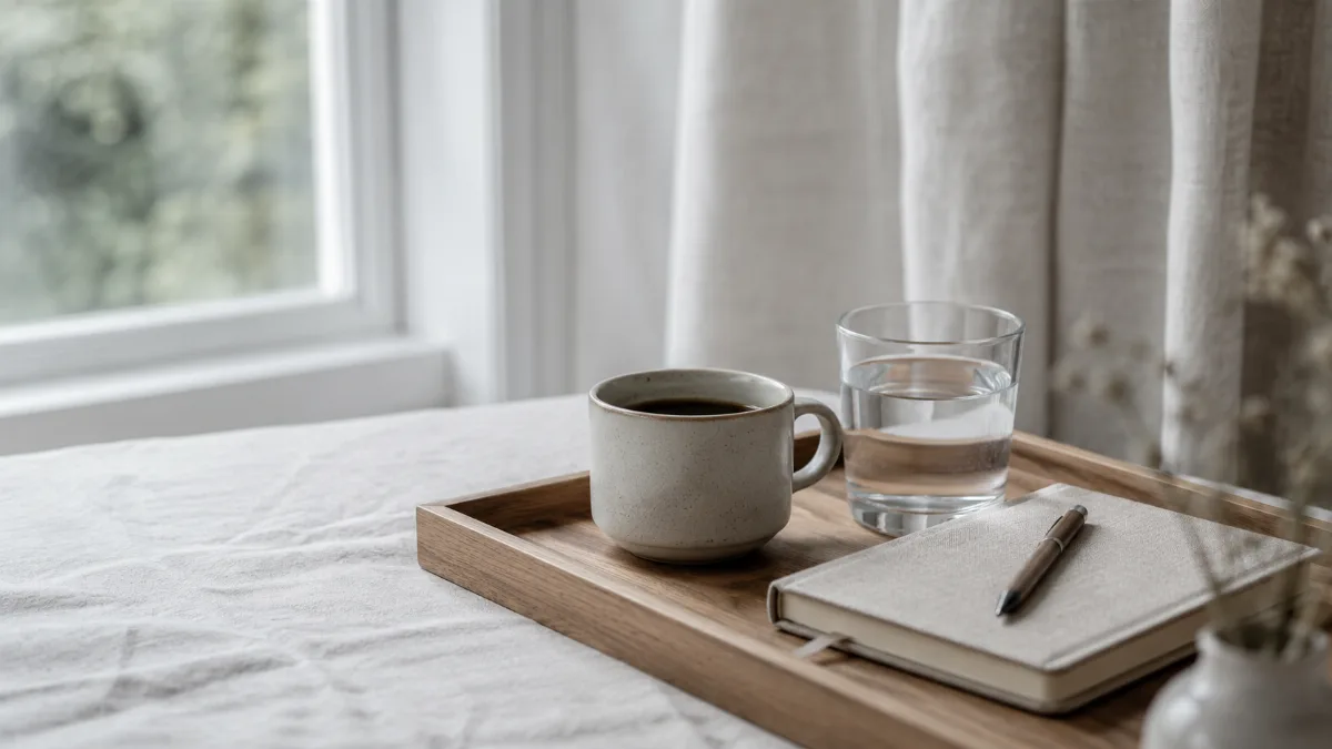 Simple morning tray with coffee, water and a small journal