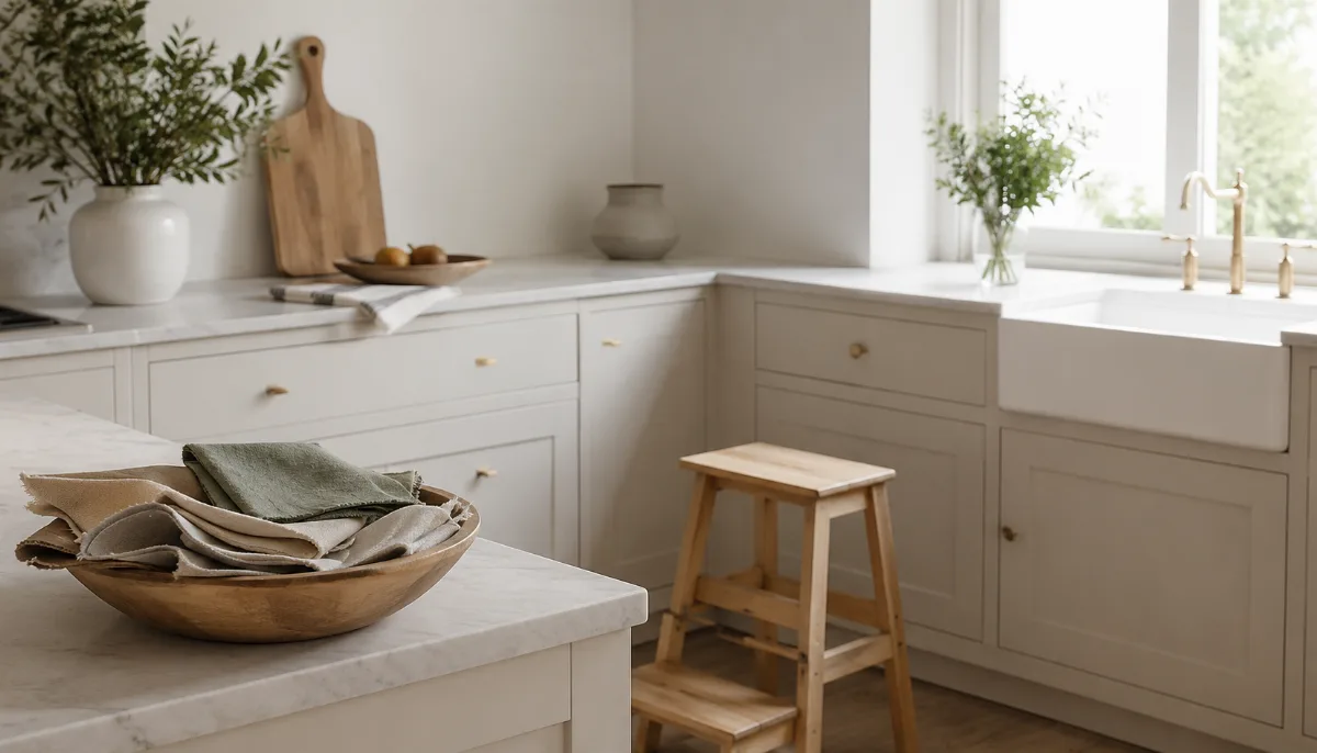 Calm family kitchen corner with a small step stool
