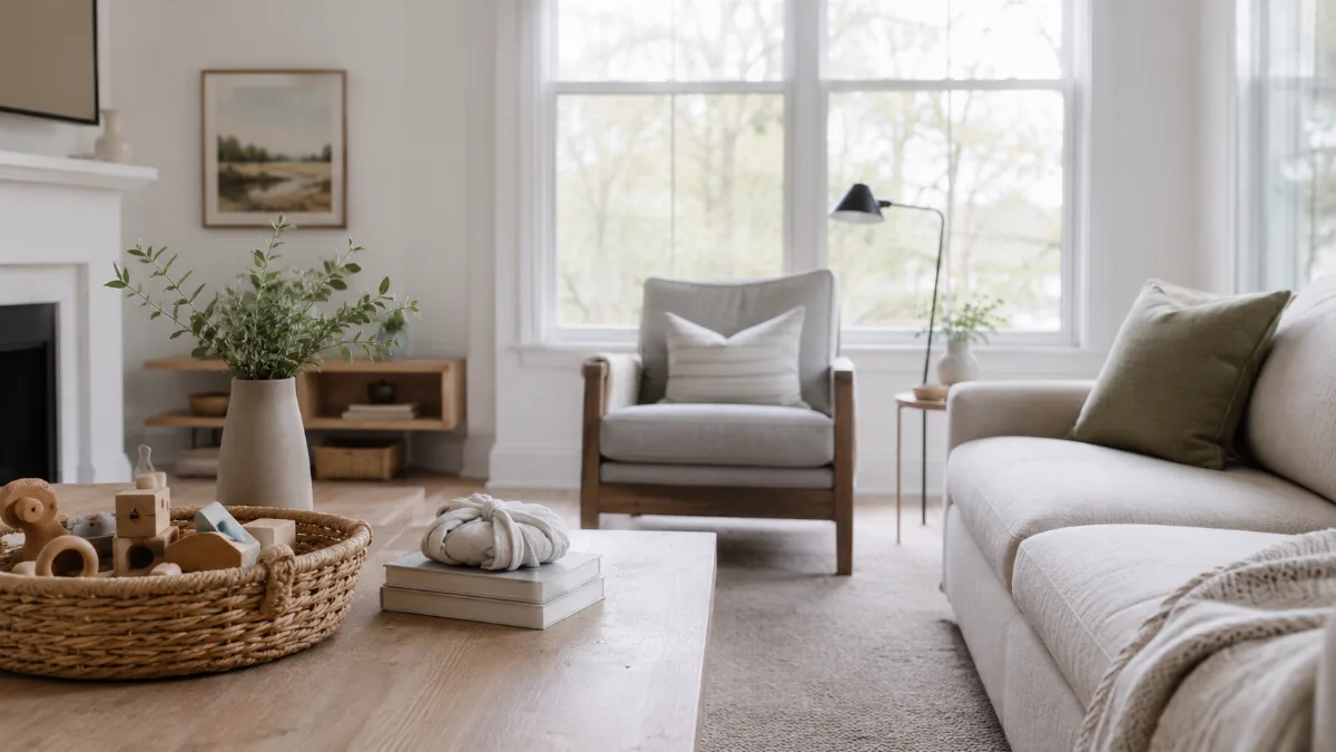 Tidy family room with a basket of wooden toys