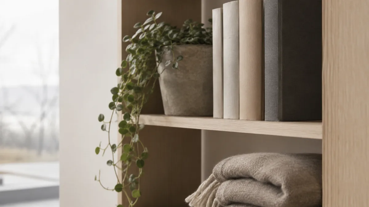 Tidy bookshelf with a few spines and a trailing plant