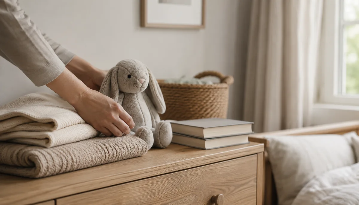 Simple child's room with folded blankets and a soft toy