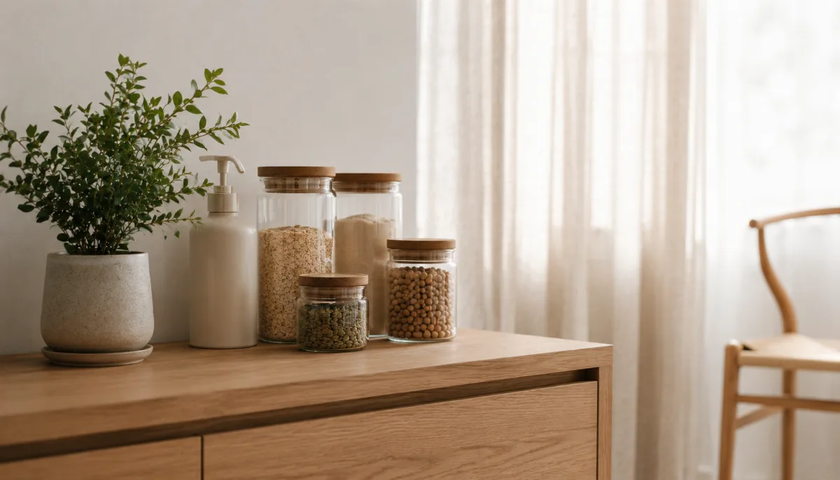 Refillable containers and a leafy plant on a wooden counter