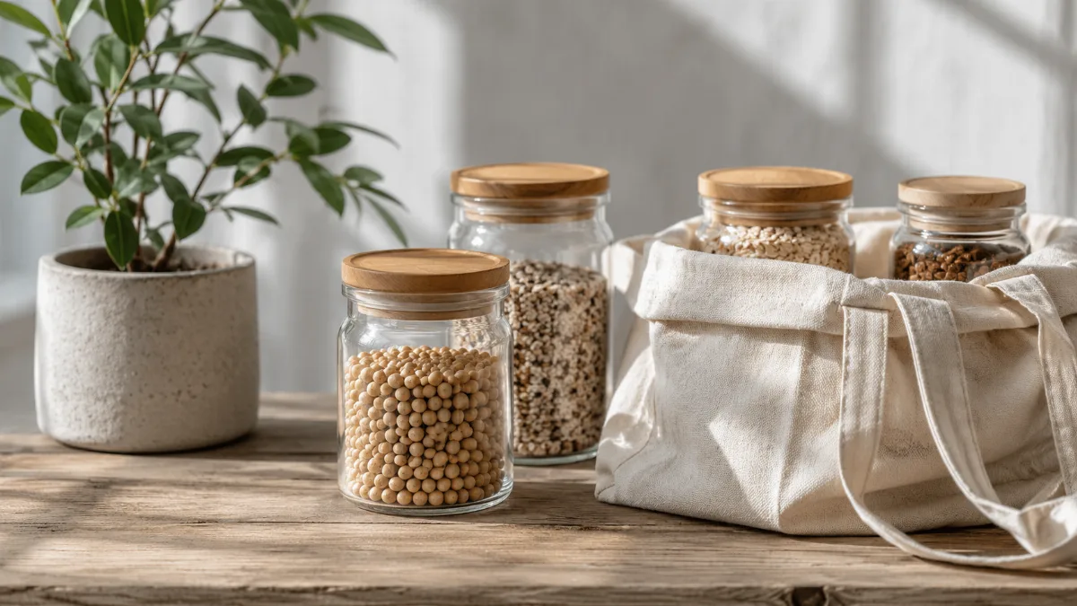 Reusable jars and a cloth bag with a small potted plant