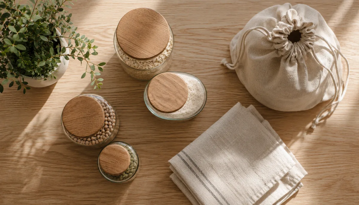 Reusable glass jars, a cloth bag and a small potted plant on a wooden surface