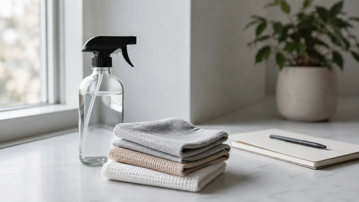 Neatly arranged cleaning cloths and a refillable spray bottle on a clean surface