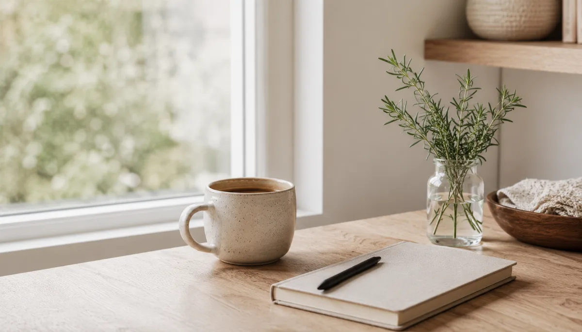 Bright morning scene with coffee and a notebook by a window