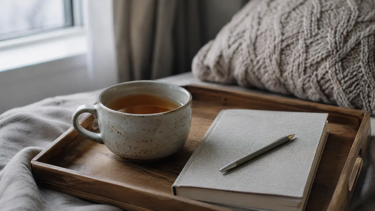 Simple morning tray with tea and a journal