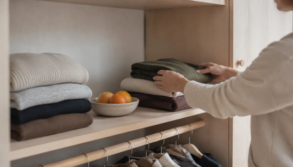 Organized open wardrobe with a small curated set of folded clothes