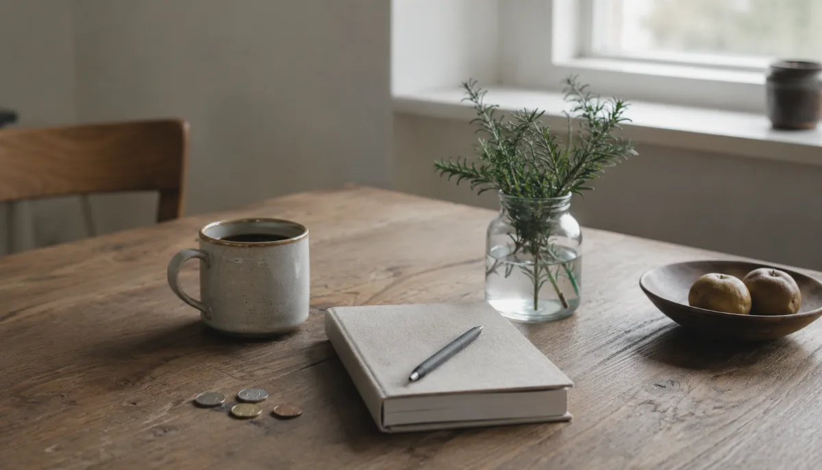 Kitchen table with a plain notebook, a few coins and a cup of coffee