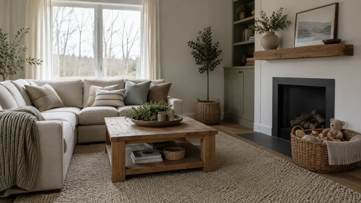 Family living room with a basket of toys neatly tucked away