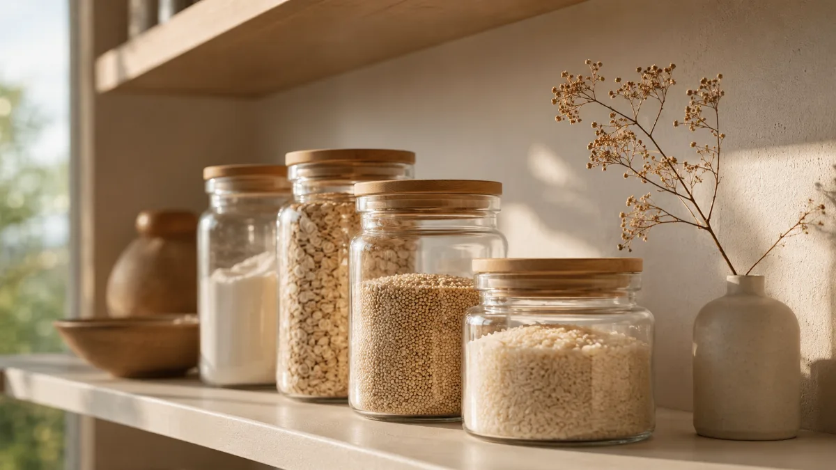 Glass jars of pantry staples on an open shelf
