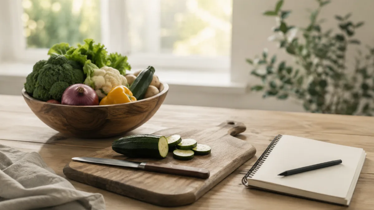 Wooden bowl of vegetables beside a chopping board