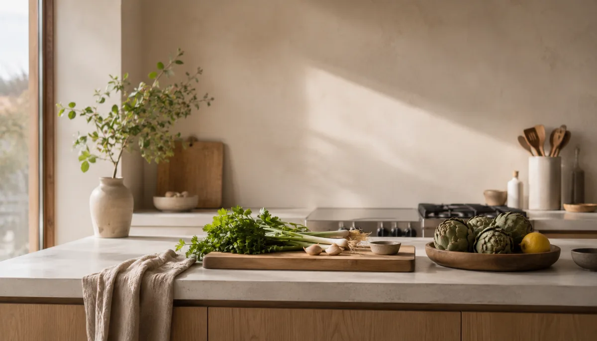 Simple kitchen counter with fresh ingredients and a wooden board