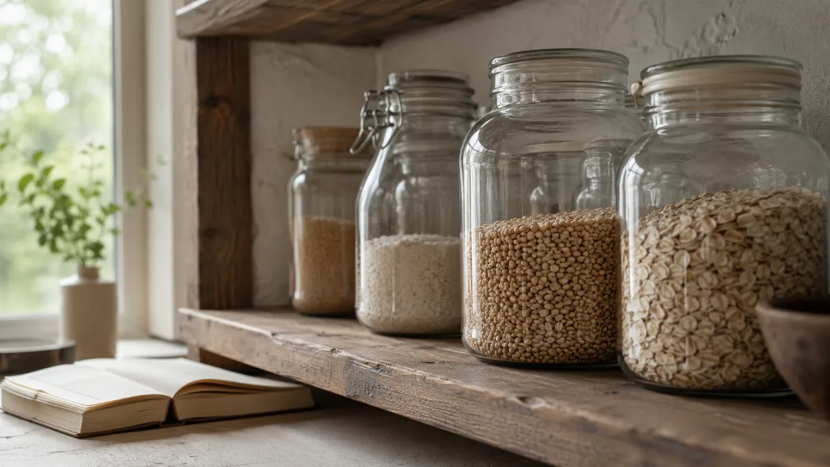 Glass jars of pantry staples on an open shelf