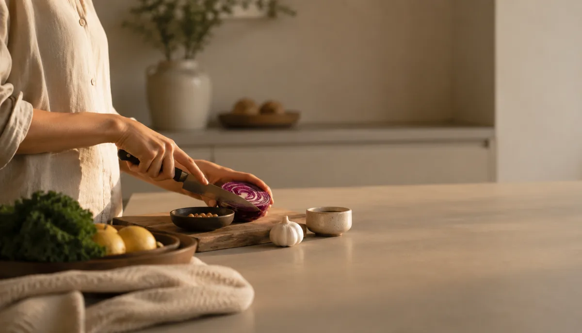 Calm kitchen counter with fresh simple ingredients on a wooden board