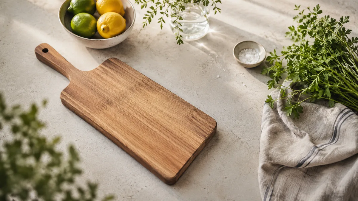 Simple kitchen counter with fresh ingredients and a wooden board