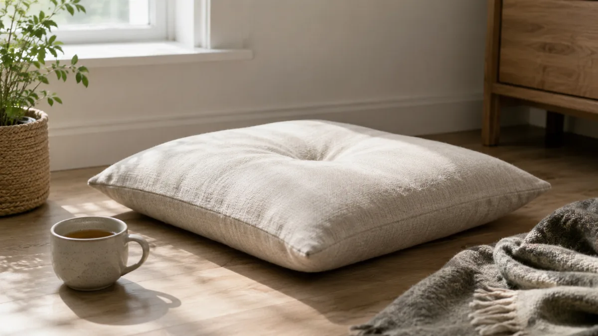 Calm corner with a floor cushion, a mug of tea and soft natural light