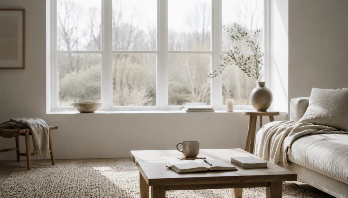 Bright morning scene with coffee and a notebook by a window