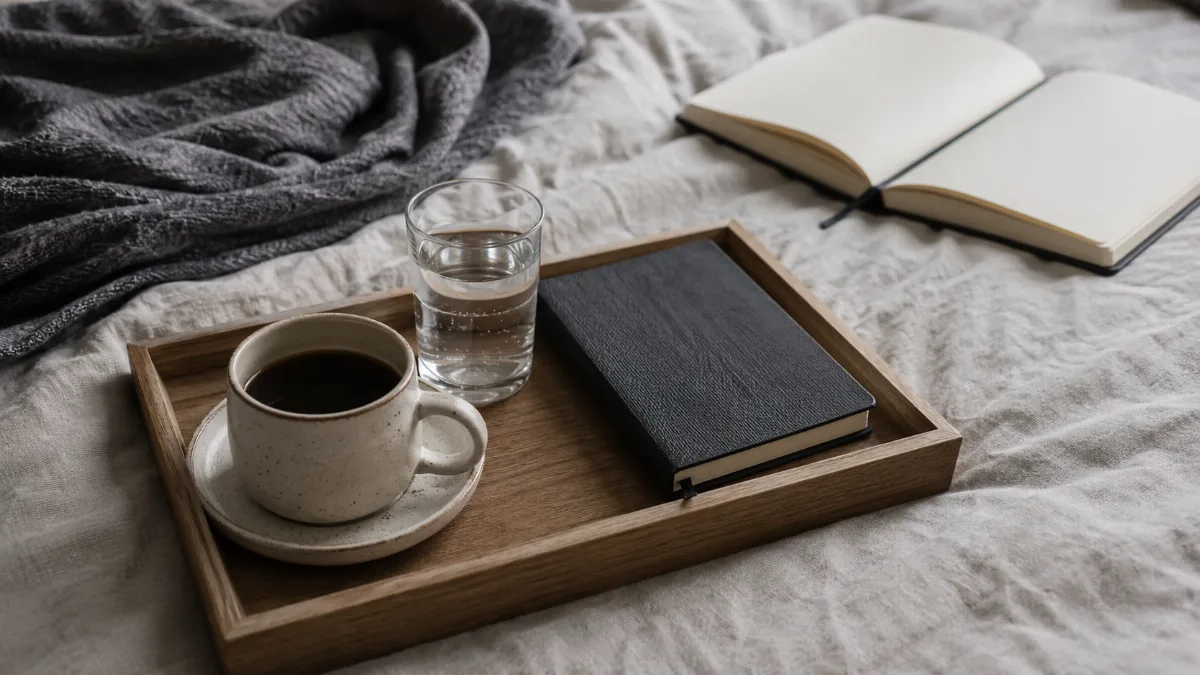 Simple morning tray with coffee, water and a small journal