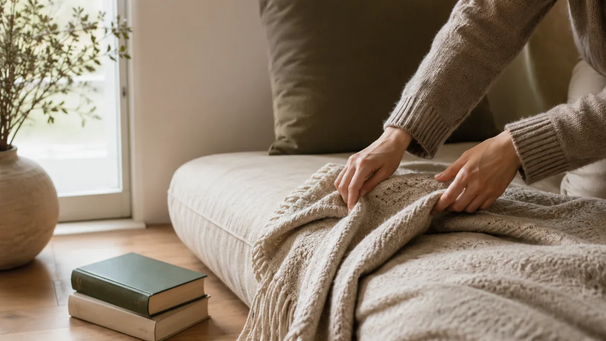 Calm evening corner with a blanket and low light