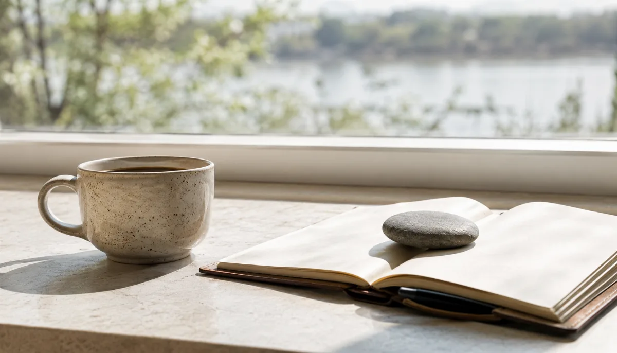 Bright morning scene with coffee and a notebook by a window