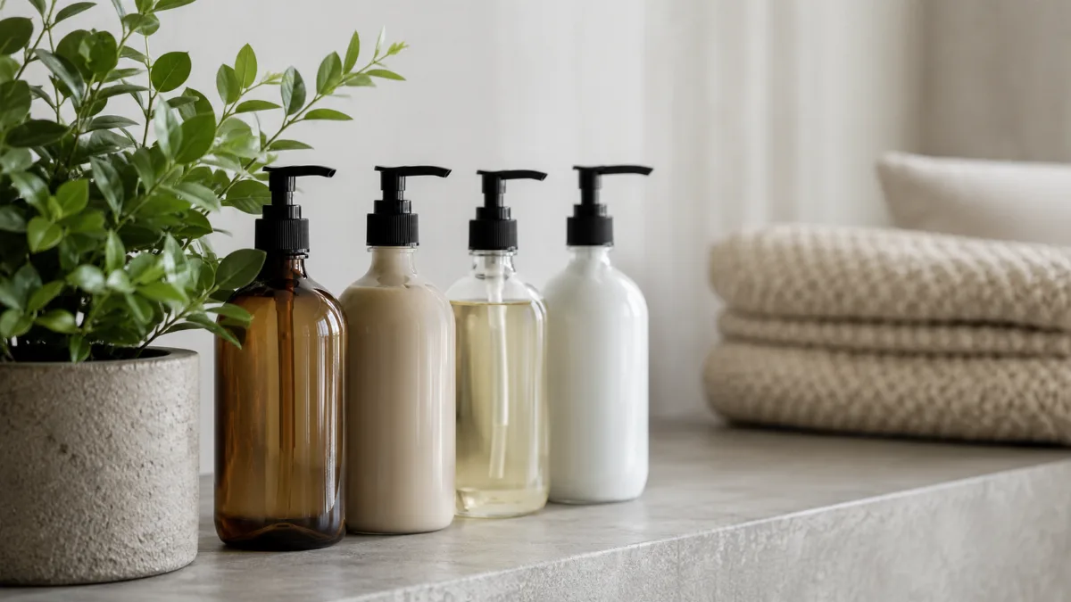 Row of refillable containers beside a leafy green plant
