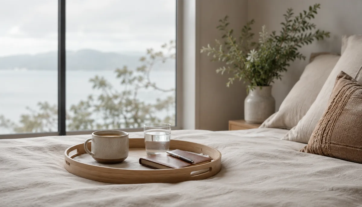 Simple morning tray with tea and a journal