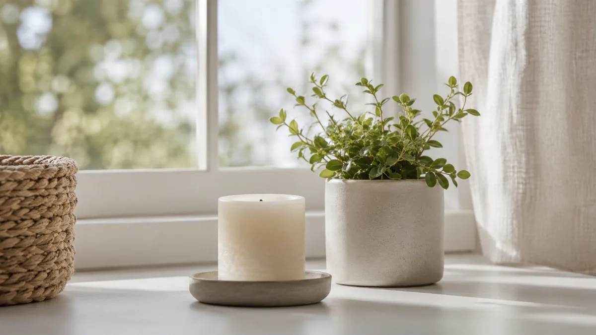 Serene windowsill with a candle and a small plant