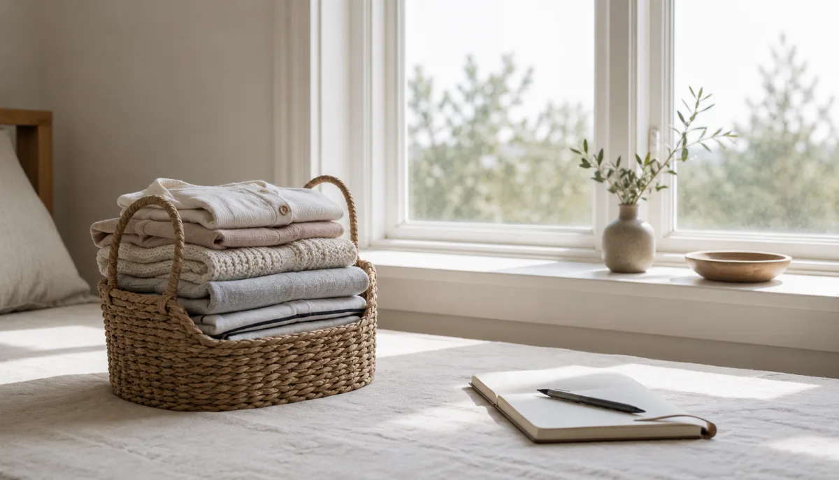 Folded laundry stacked in a woven basket by a window