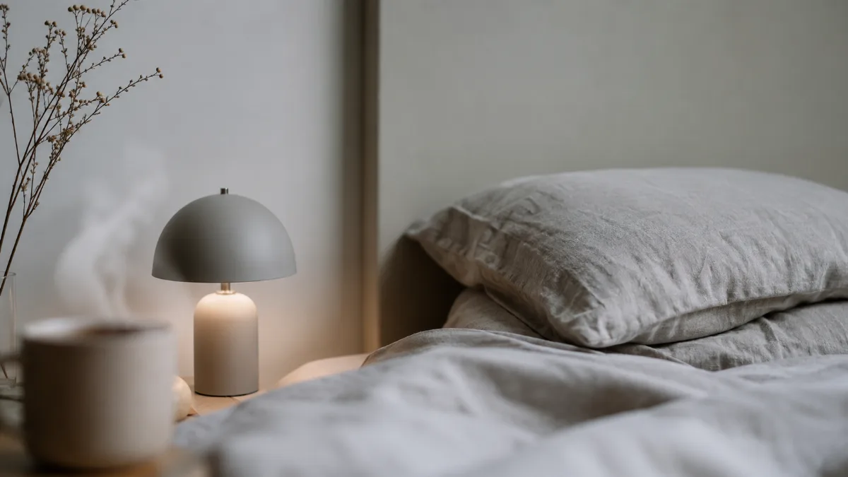 Calm minimalist bedroom with linen bedding and a single bedside lamp