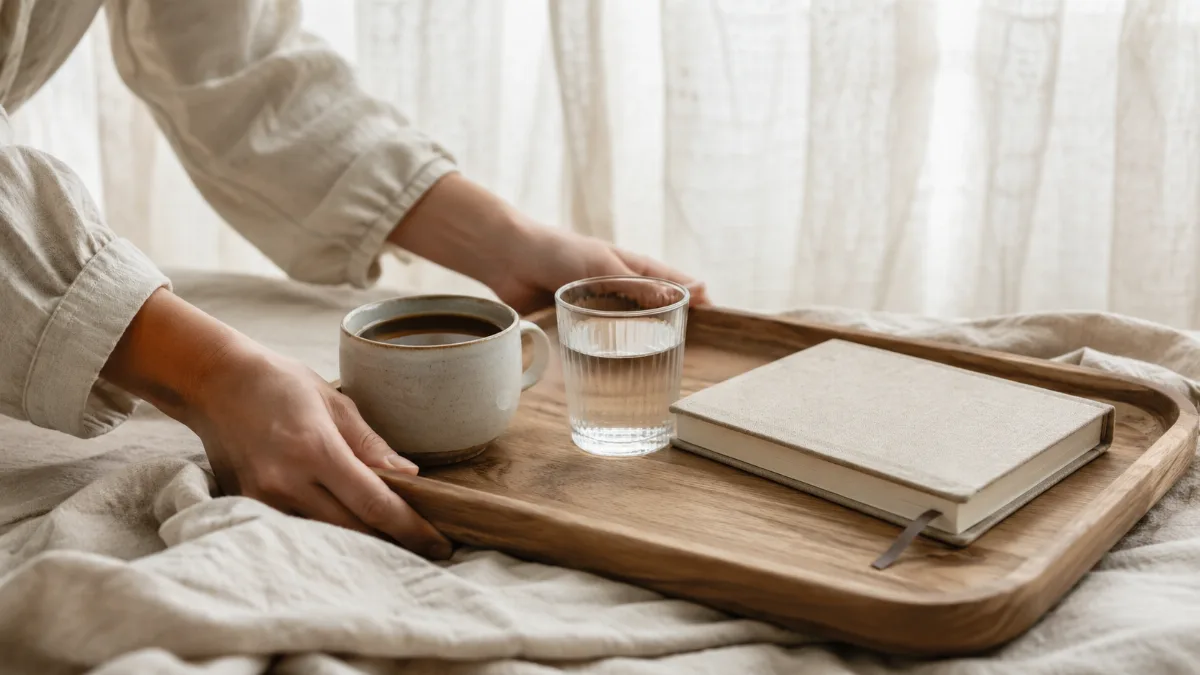 Simple morning tray with coffee, water and a small journal