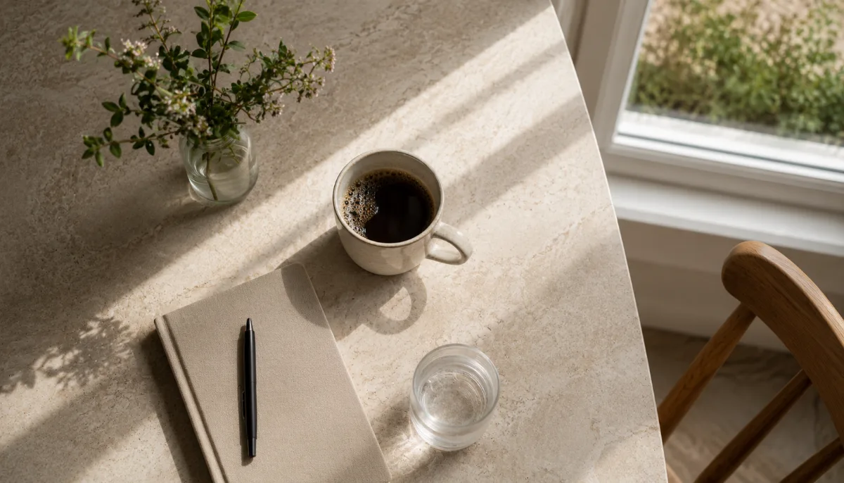 Bright morning scene with coffee and a notebook by a window