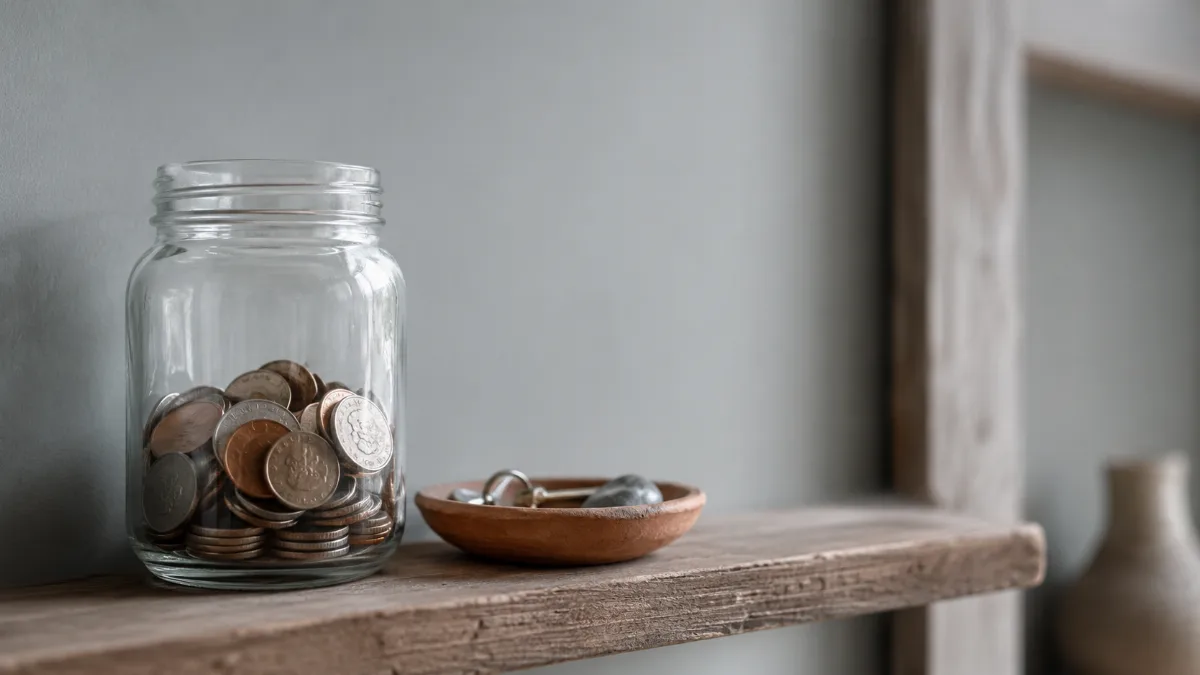 Glass jar of saved coins on a wooden shelf