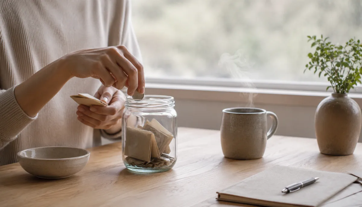 Glass jar holding folded notes and coins on a wooden surface