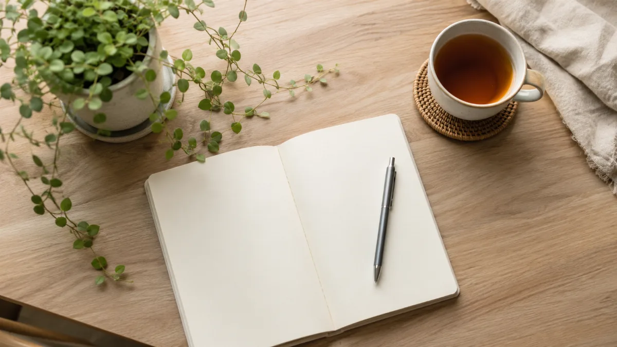 Tidy desk with a notebook and a cup of tea