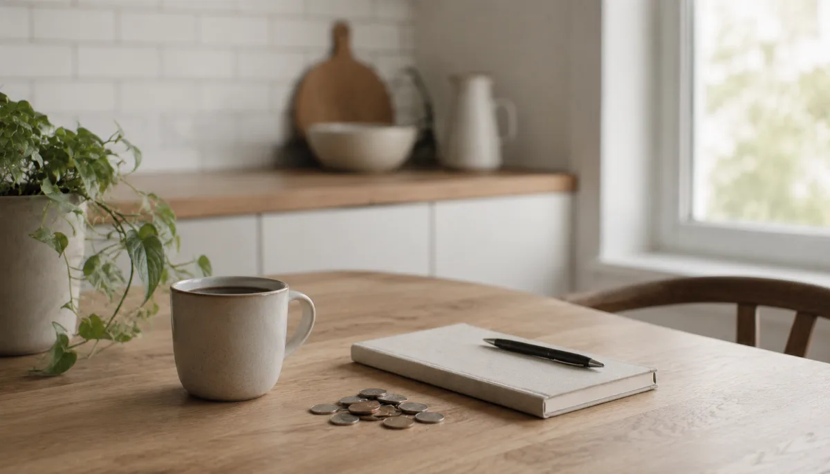 Kitchen table with a plain notebook, coins and a coffee cup