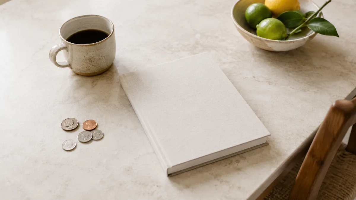Kitchen table with a plain notebook, coins and a coffee cup