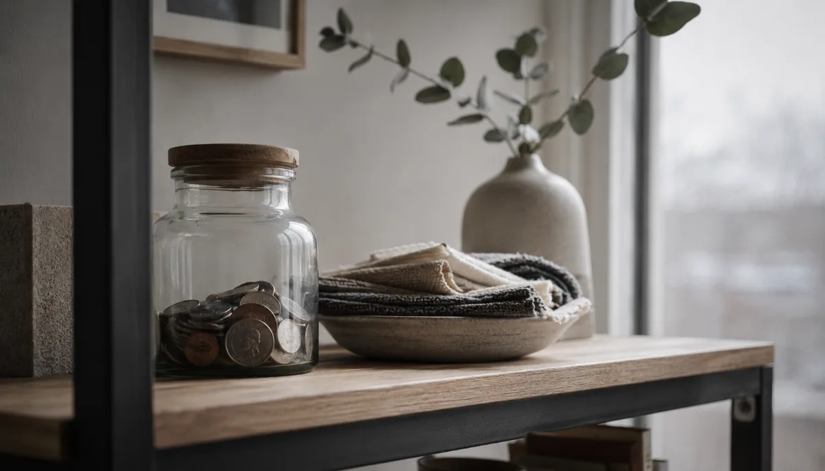 Glass jar of saved coins on a wooden shelf