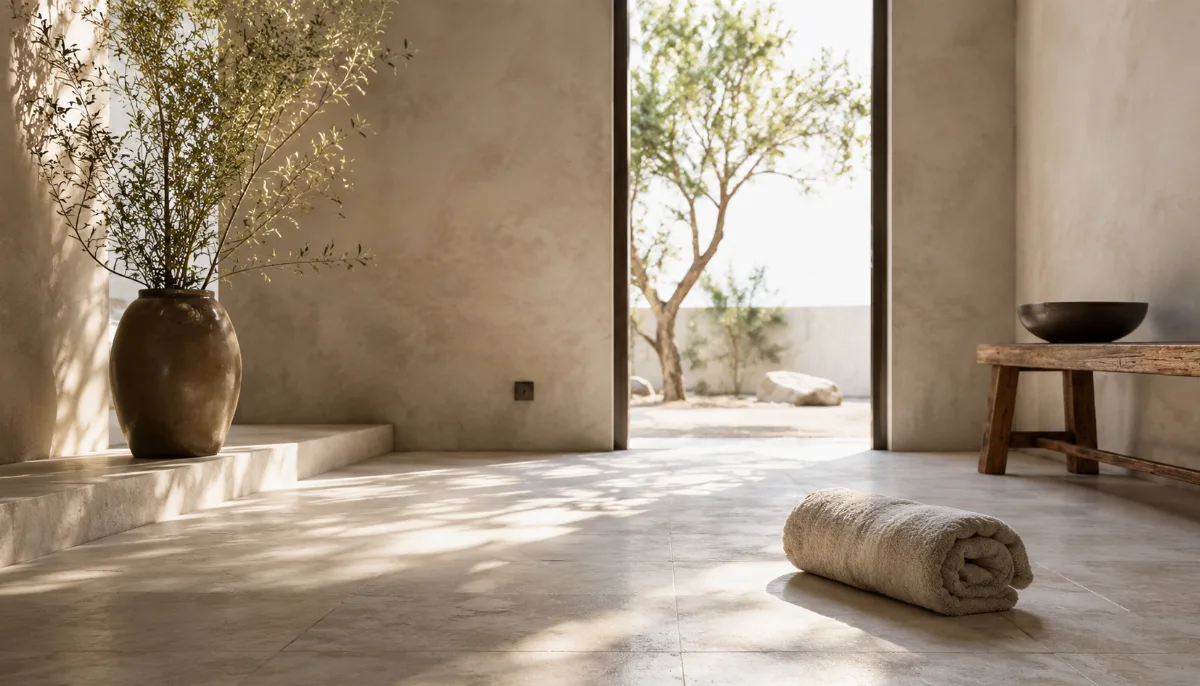 Calm minimalist interior with natural light and a few simple objects