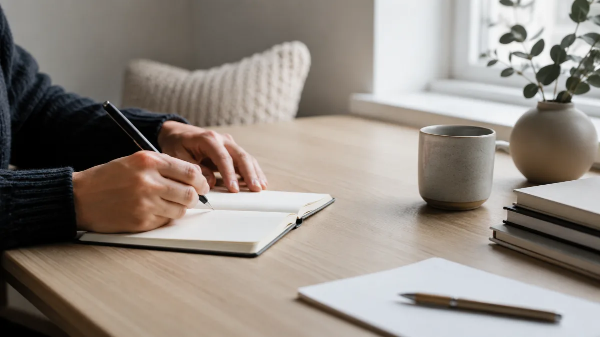 Uncluttered writing desk bathed in soft daylight
