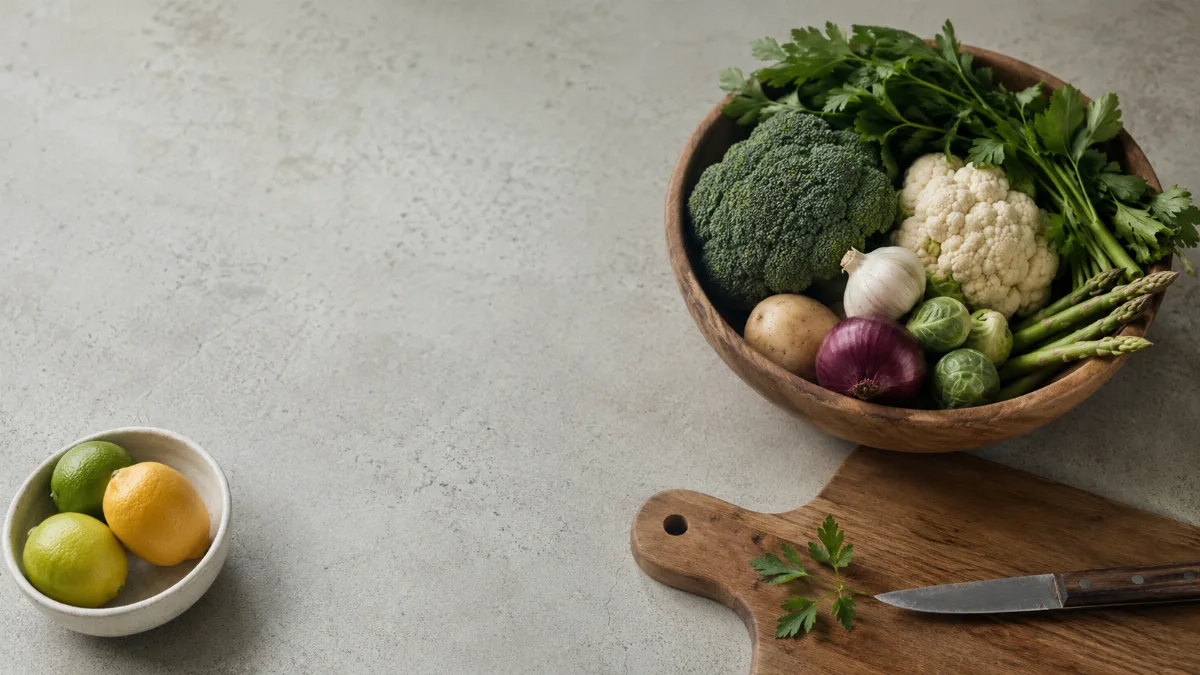 Wooden bowl of vegetables beside a chopping board