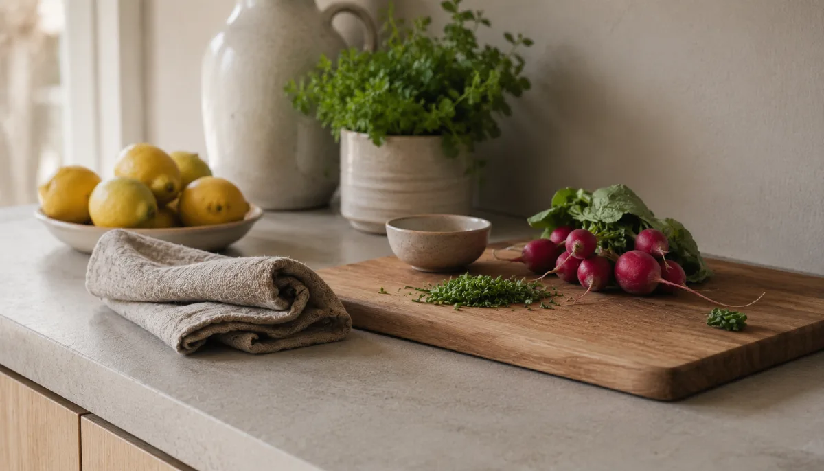 Simple kitchen counter with fresh ingredients and a wooden board