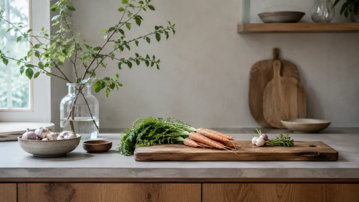 Calm kitchen counter with fresh simple ingredients on a wooden board