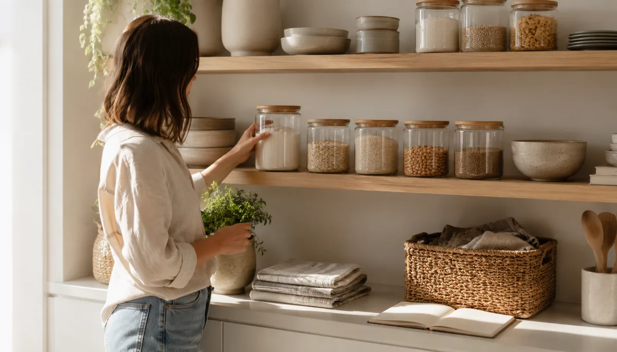 Minimalist pantry shelf with glass jars of staples